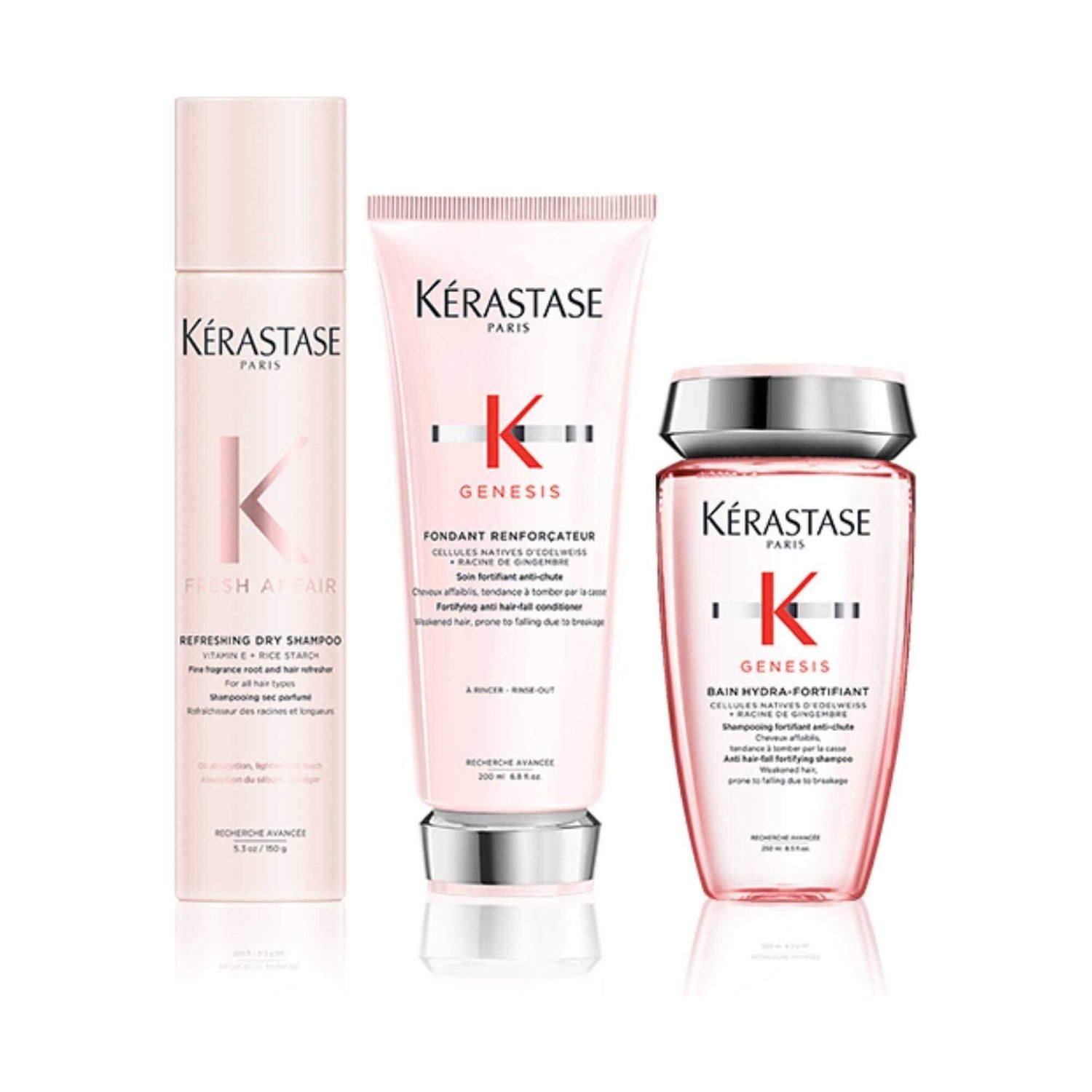 Kérastase Genesis & Fresh Affair Routine set with Bain Hydra-Fortifiant shampoo for oily hair and Refreshing Dry Shampoo displayed.