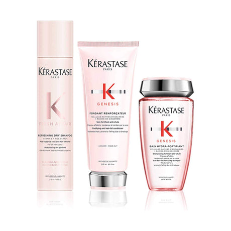 Kérastase Genesis & Fresh Affair Routine set with Bain Hydra-Fortifiant shampoo for oily hair and Refreshing Dry Shampoo displayed.