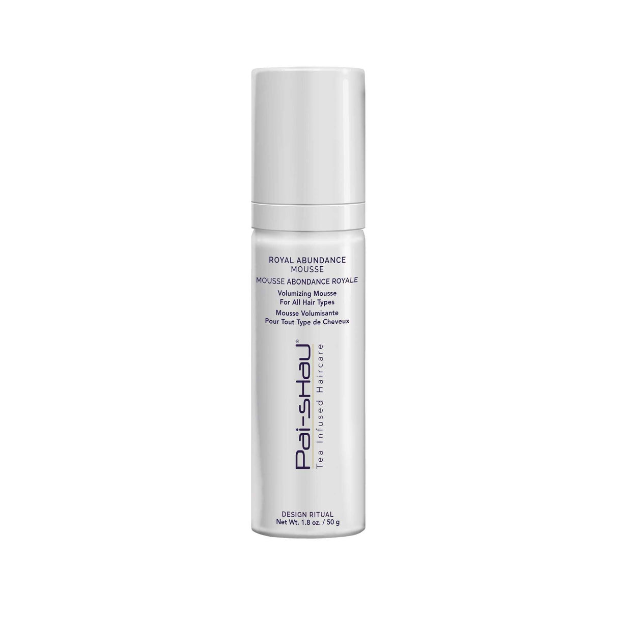 Royal Abundance Mousse bottle for volume and shine, enriched with Signature Tea Complex for nourished, bouncy, touchable hair.