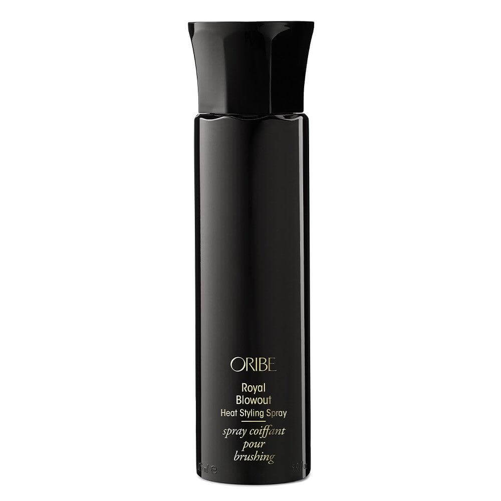 Oribe Royal Blowout Heat Styling Spray bottle, lightweight mist for frizz control and split ends, enhances shine and accelerates drying.