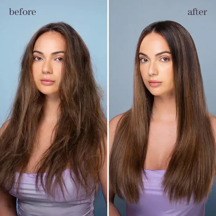 Before and after using Strength Cure Miracle Filler Heat Protectant Spray, showing improved smooth, shiny, and straight blonde hair.