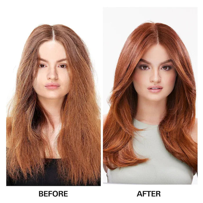 Before and after using Dream Coat Supernatural Spray Anti-Frizz Treatment showcasing smooth, glossy, frizz-free hair results.