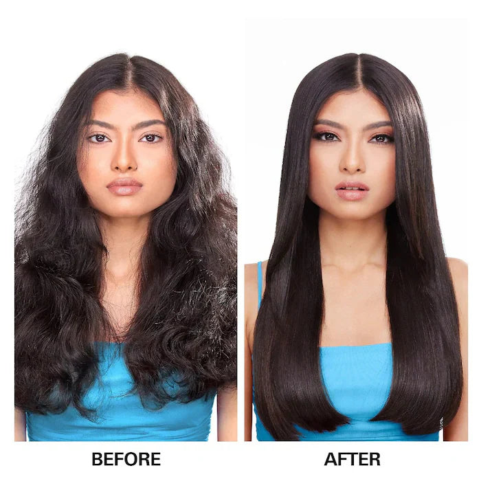 Before and after image showing frizzy hair transformed to sleek, glossy finish with Dream Coat Supernatural Spray Anti-Frizz Treatment.