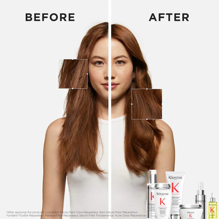 Before and after results of using Première High Shine Oil for damaged hair, showing improved shine, smoothness, and reduced split ends.