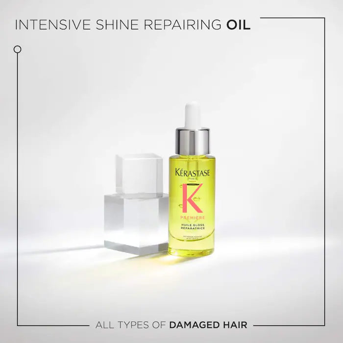 Première Repairing High Shine Oil for damaged hair, combats dullness, split ends, and protects up to 450°F with citric acid and glycine.
