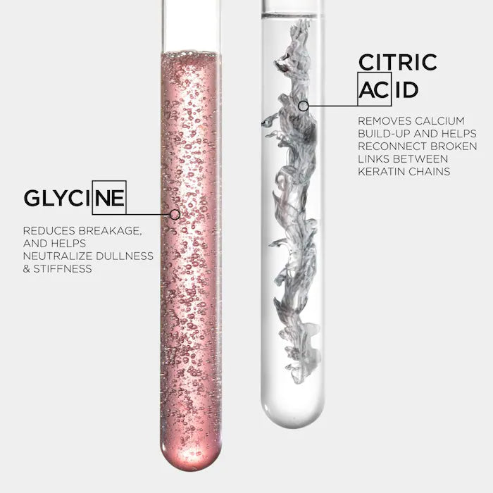 Test tubes showing Glycine and Citric Acid benefits for hair, highlighting reduction of breakage and removal of calcium build-up.