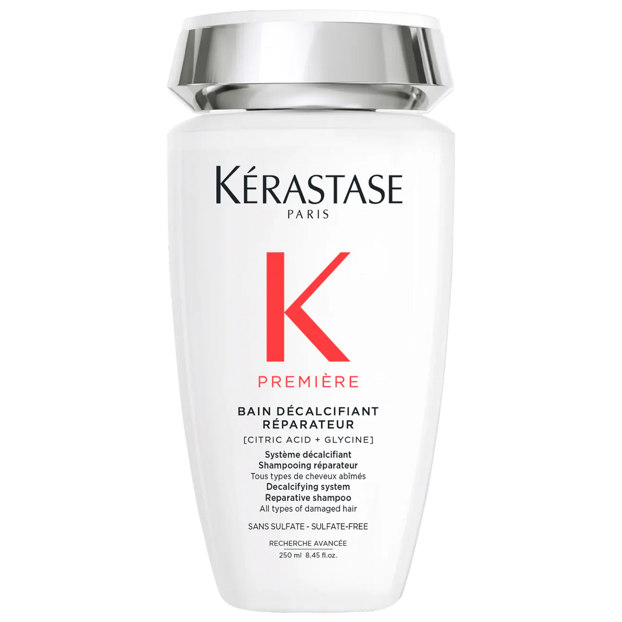 Bain Décalcifiant Réparateur Shampoo for damaged hair from Kérastase Paris, 250ml bottle, features decalcifying and repairing formulas.