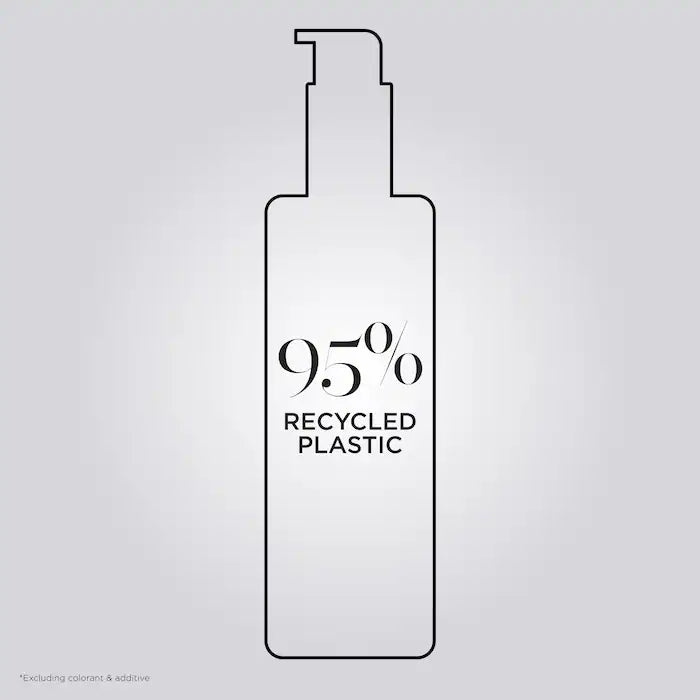 Illustration of a hair product bottle indicating 95% recycled plastic content with a simple outline on a gray background.