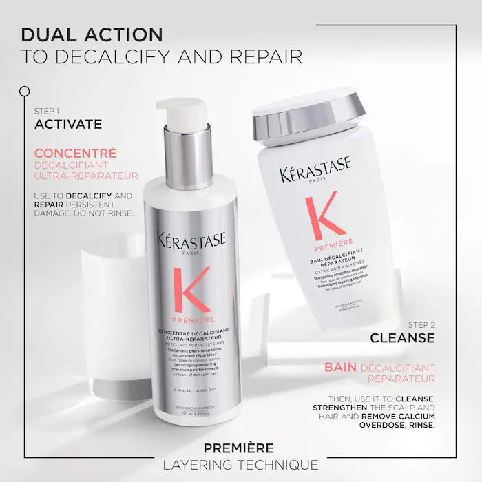 Kérastase hair treatment products for damaged hair with dual action to decalcify and repair, featuring Concentré and Bain.
