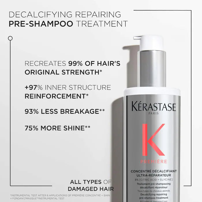 Concentré Ultra-Réparateur Hair Treatment bottle with benefits like 99% original strength, 97% structure, 93% less breakage, 75% shine.