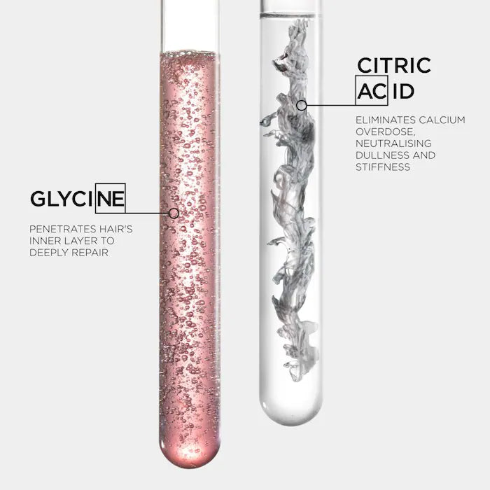 Close-up of test tubes showing Glycine repairing hair and Citric Acid eliminating calcium buildup, promoting softness.