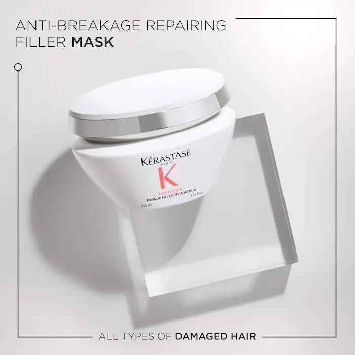 Masque Filler Réparateur for damaged hair with anti-breakage properties, suitable for all hair types, in white jar packaging.