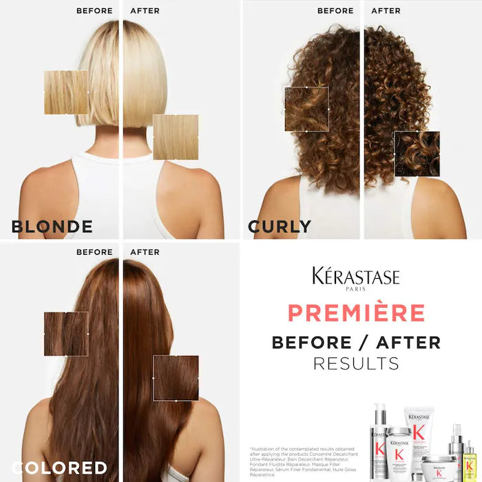 Kerastase hair treatment before and after results on blonde, curly, and colored hair, highlighting improved texture and shine.