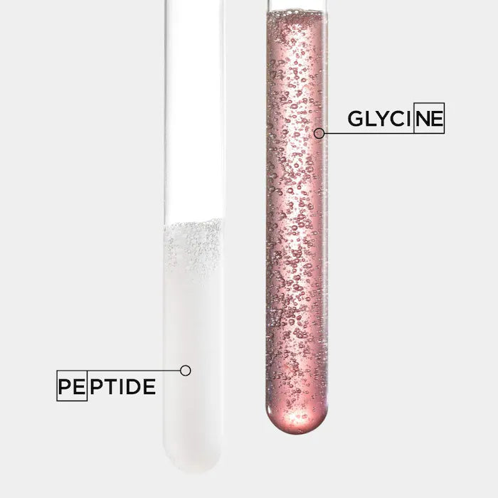 Two test tubes with labeled peptide and glycine in liquid form, illustrating ingredients for hair repair products.