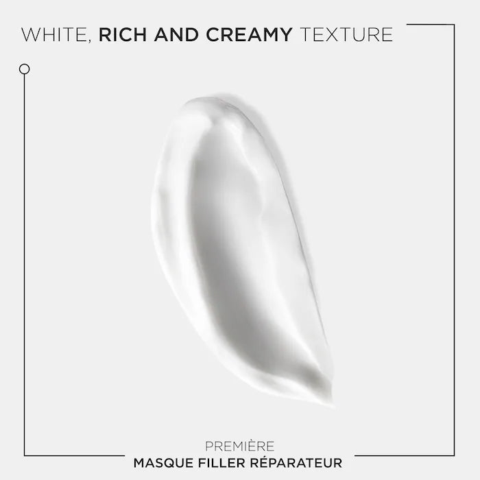 Rich and creamy texture of Masque Filler Réparateur for damaged hair, showing a white, smooth formula.