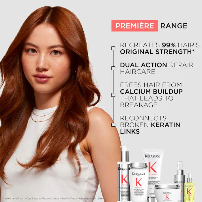 Masque Filler Réparateur product range for damaged hair with dual action repair and calcium buildup prevention benefits.