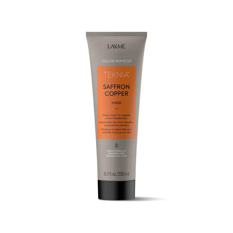 Saffron Copper Mask tube, repairs hair, enhances shine, extends color, 250ml, vegan, paraben-free, with lemon essential oil fragrance.