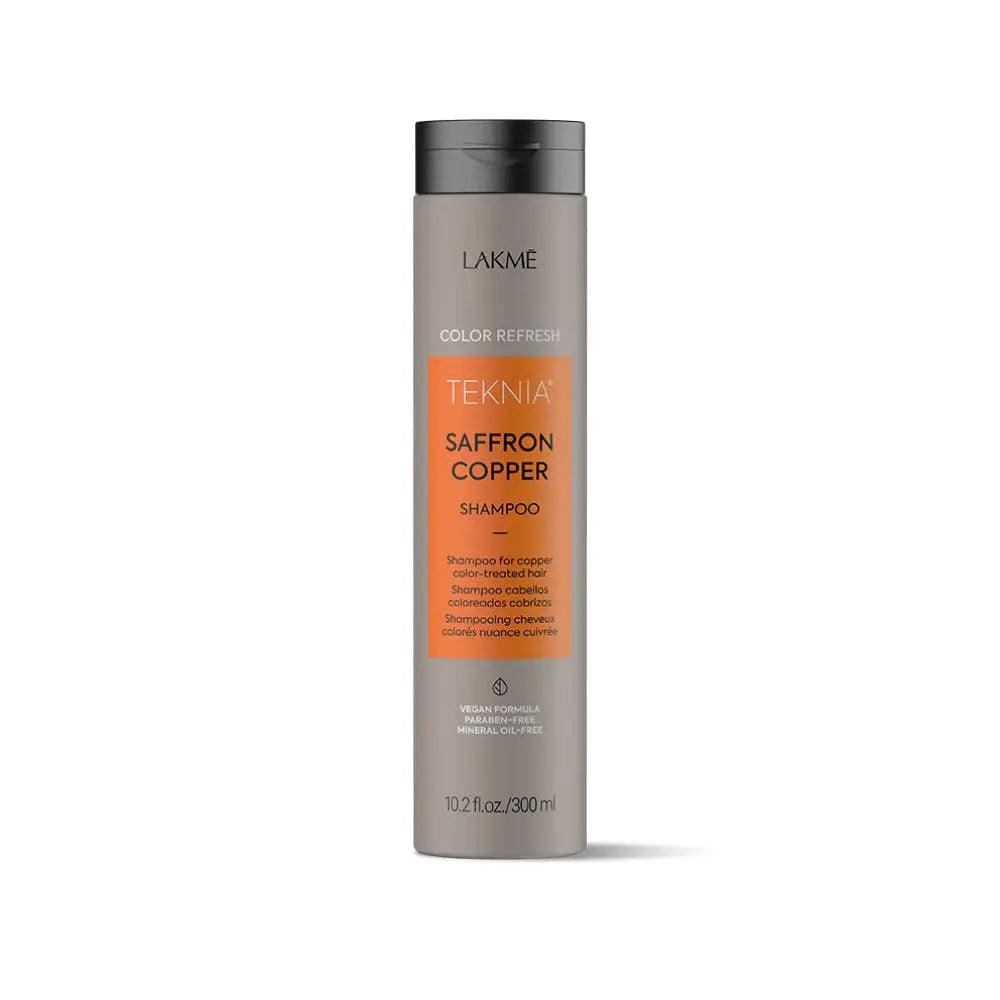 Lakme Teknia Saffron Copper Shampoo bottle, enhances color and shine with saffron oil, vegan-friendly formula, 10.2 fl oz size.