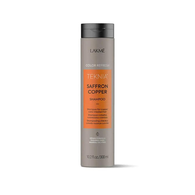 Lakme Teknia Saffron Copper Shampoo bottle, enhances color and shine with saffron oil, vegan-friendly formula, 10.2 fl oz size.