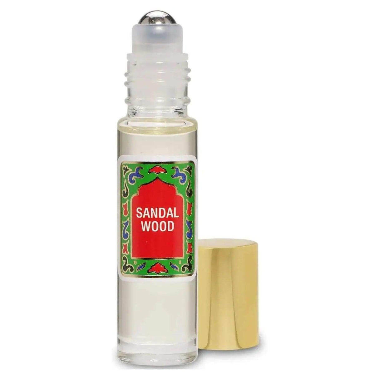 Sandalwood roll-on perfume bottle, 10ml size, featuring sustainable Australian sandalwood scent with a rich, woody aroma.