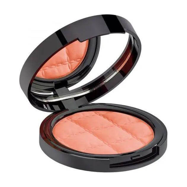 Compact of Malu Wilz Satin Glow Blush in peach shade, offering a radiant, natural finish for cheeks, enhancing complexion glow.