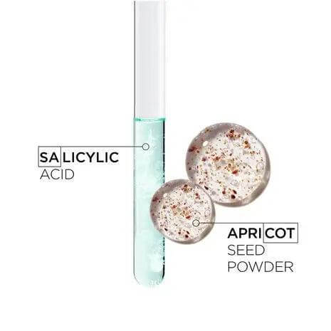 Diagram showing salicylic acid and apricot seed powder ingredients in Kerastase Scalp Purifying Micro-Peeling Scrub.