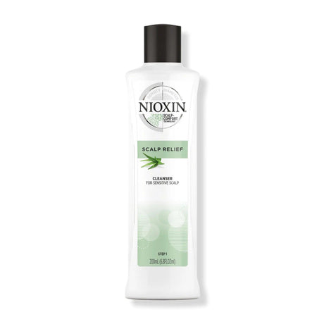 Nioxin Scalp Relief Cleanser 200ml bottle for sensitive scalp with aloe vera, paraben-free, sulfate-free, and colorant-free.
