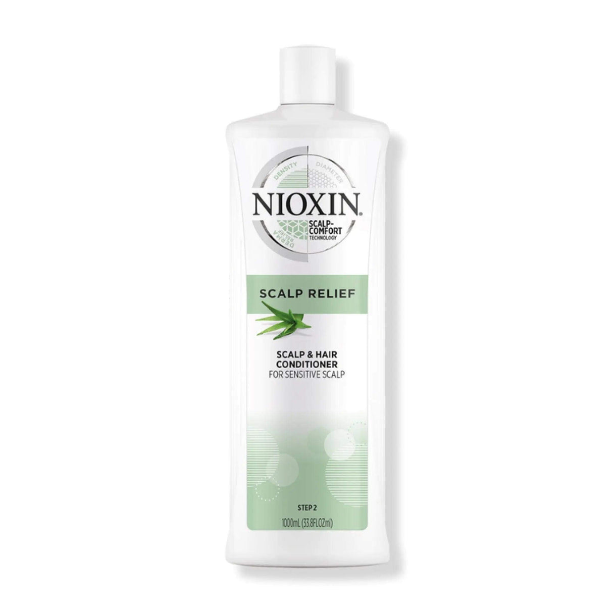 Nioxin Scalp Relief Comfort Conditioner bottle with aloe vera for sensitive scalp, free from parabens and colorants, 1000ml.