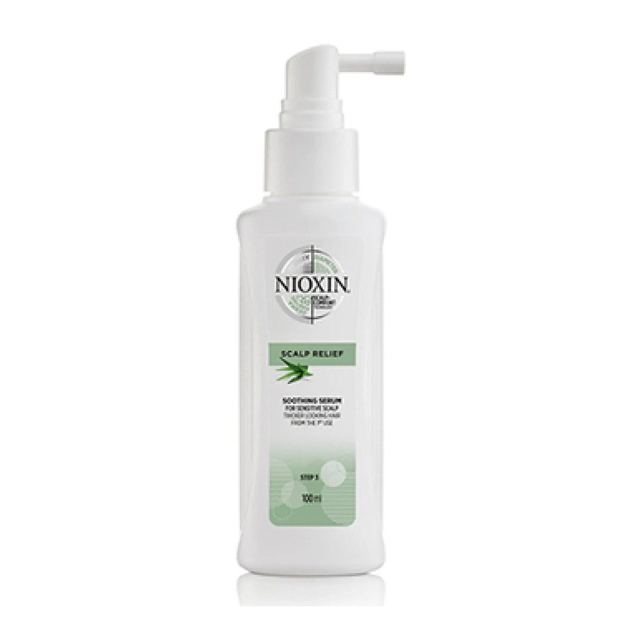 Alt Tag: NIOXIN Scalp Relief Soothing Serum bottle, a leave-on treatment for sensitive scalps with aloe vera, 100ml size.