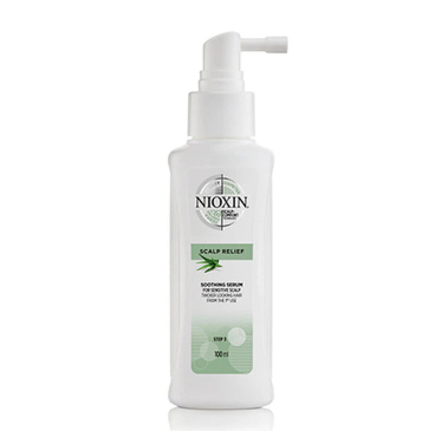 Alt Tag: NIOXIN Scalp Relief Soothing Serum bottle, a leave-on treatment for sensitive scalps with aloe vera, 100ml size.