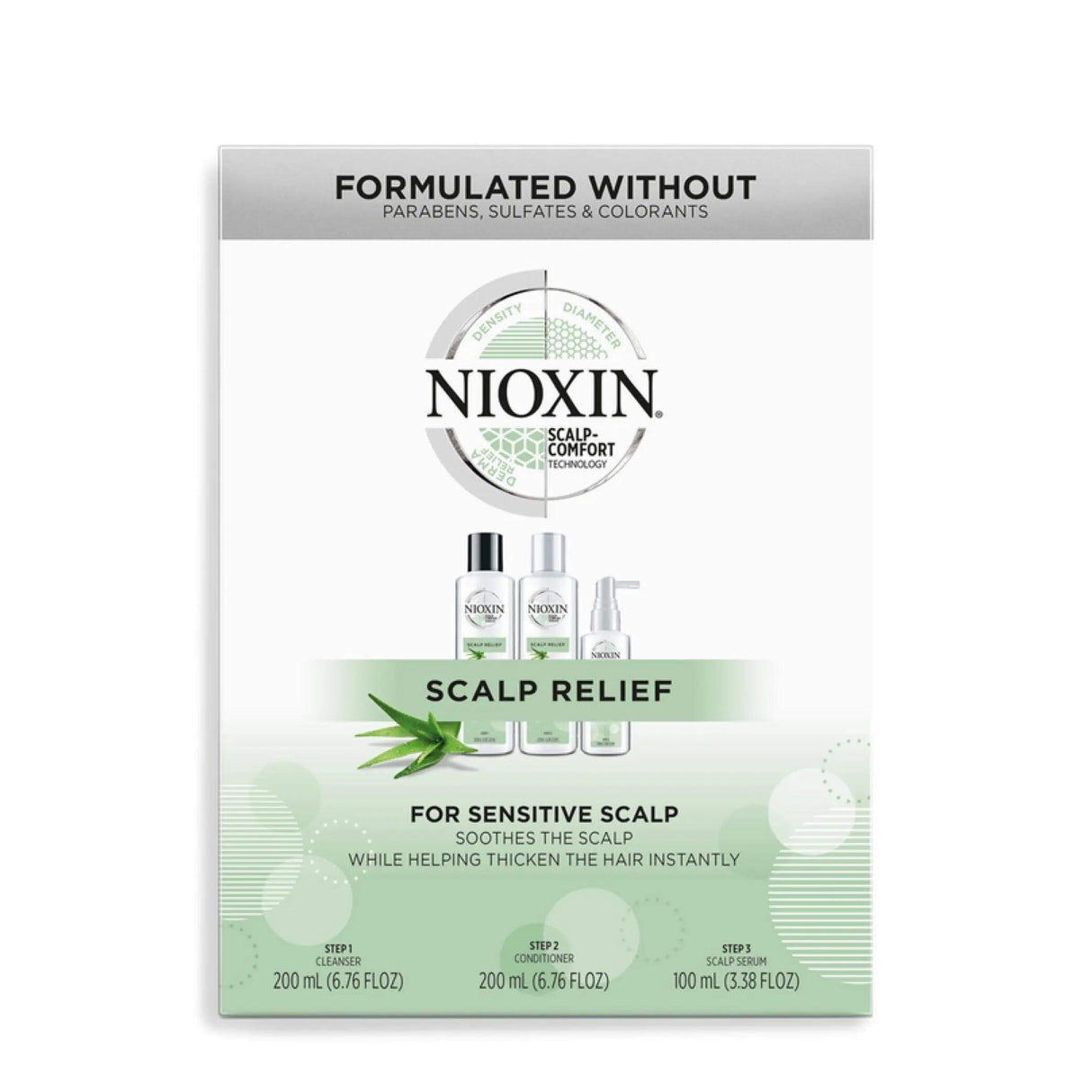 Nioxin Scalp Relief Kit packaging for sensitive scalps, featuring a three-step hair thickening system without parabens or sulfates.