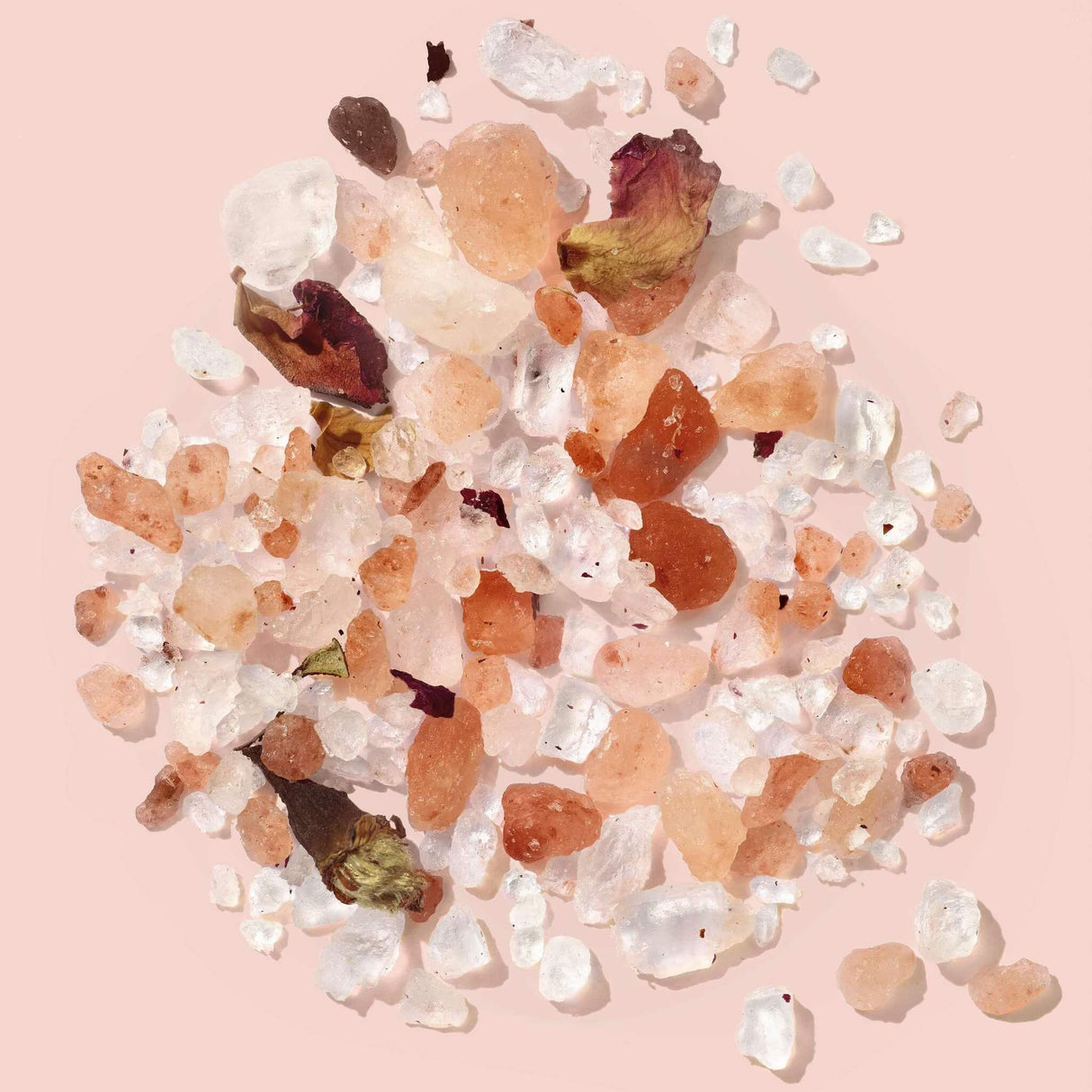 Himalayan and Dead Sea salt blend with dried rose petals for skin hydration and stress relief