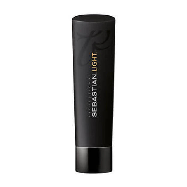 Sebastian Light Shampoo bottle for weightless shine and natural conditioning, color safe, 250ml black packaging.