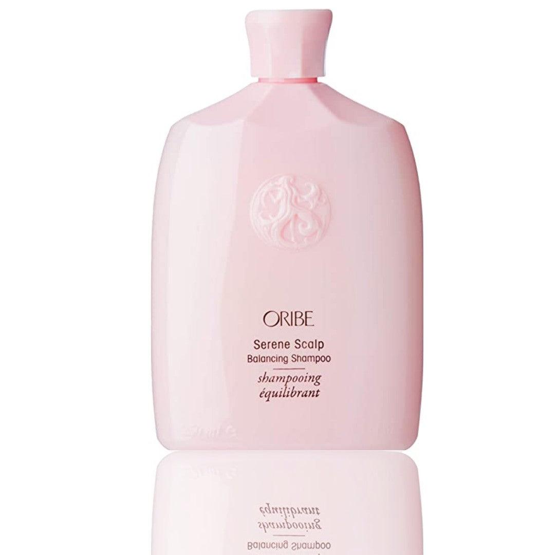 Serene Scalp Balancing Shampoo in pink bottle for dandruff management and soothing hydration.