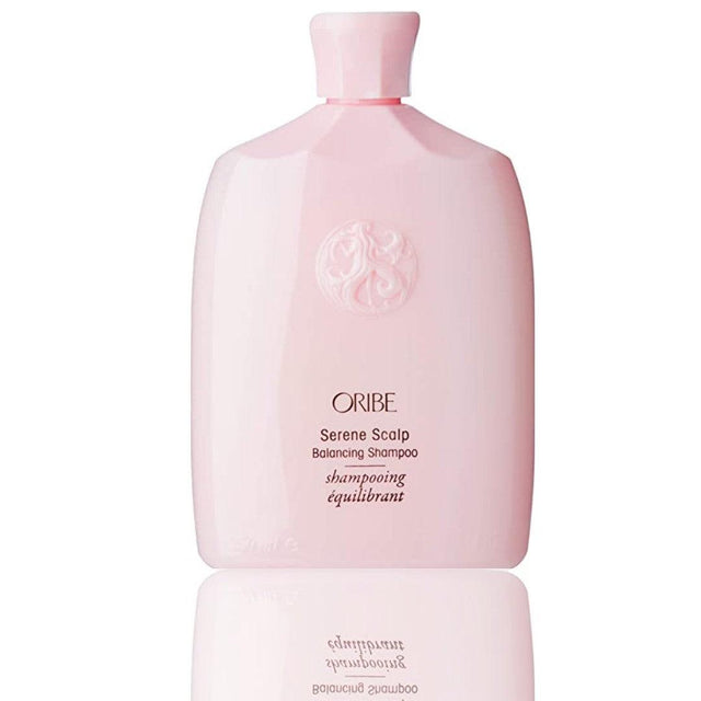Serene Scalp Balancing Shampoo in pink bottle for dandruff management and soothing hydration.