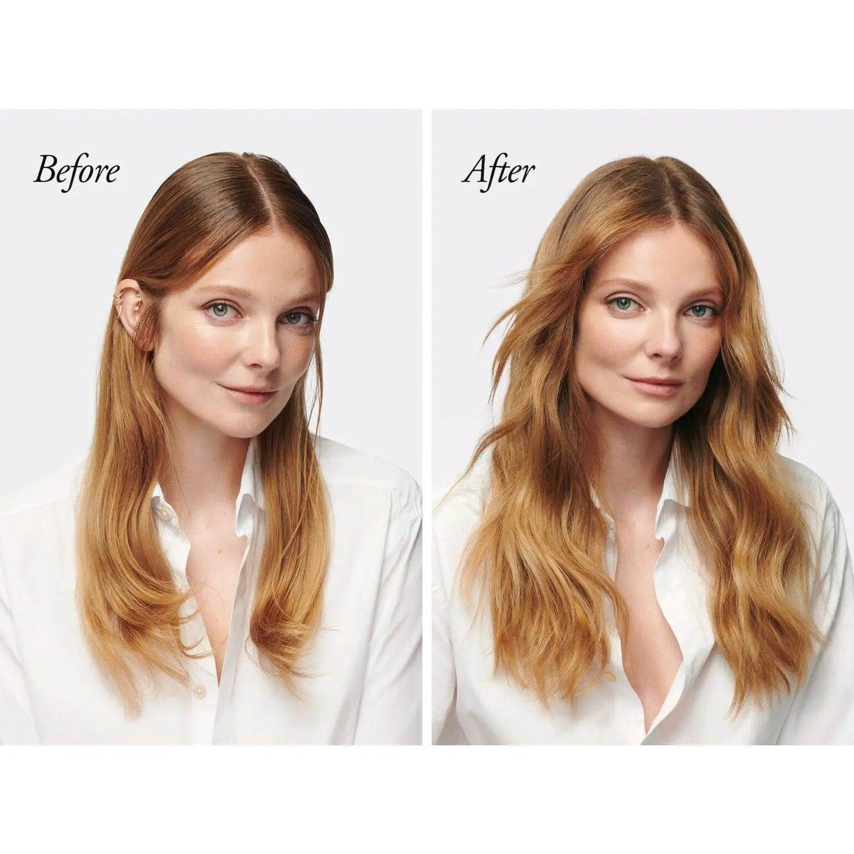 Before and after comparison of hair using Serene Scalp Oil Control Dry Shampoo, showing reduced oil and refreshed look.