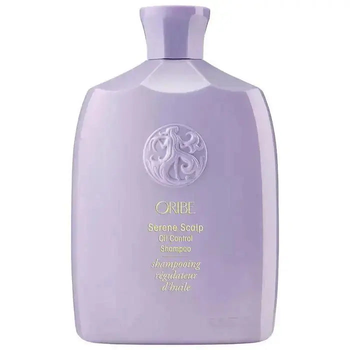 Oribe Serene Scalp Oil Control Shampoo bottle for managing oily scalps, suitable for all hair types and textures, shown on a white background.