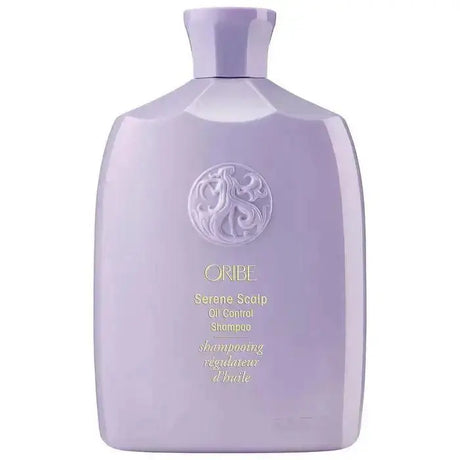 Oribe Serene Scalp Oil Control Shampoo bottle for managing oily scalps, suitable for all hair types and textures, shown on a white background.