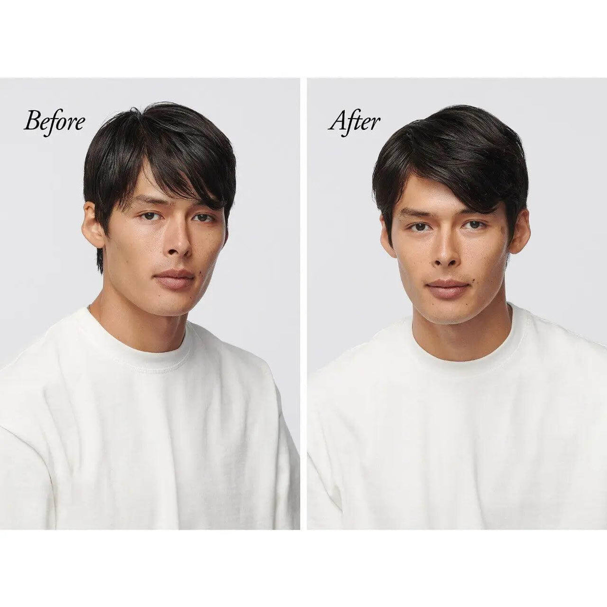 Before and after use of Oribe Serene Scalp Oil Control Shampoo showing reduced scalp oiliness and refreshed hair appearance.