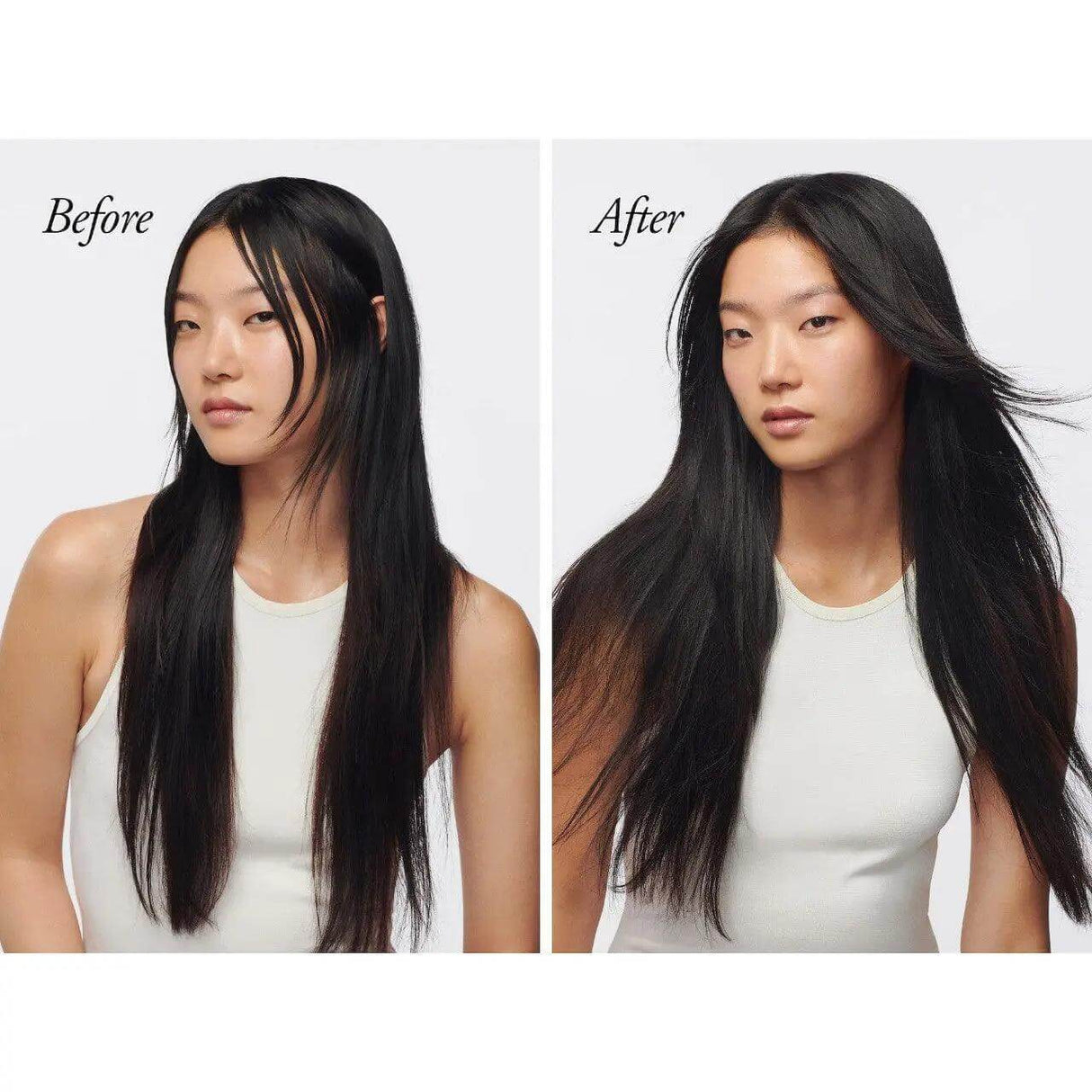 Before and after using Serene Scalp Oil Control Mist on long, straight black hair, showcasing improved volume and texture.