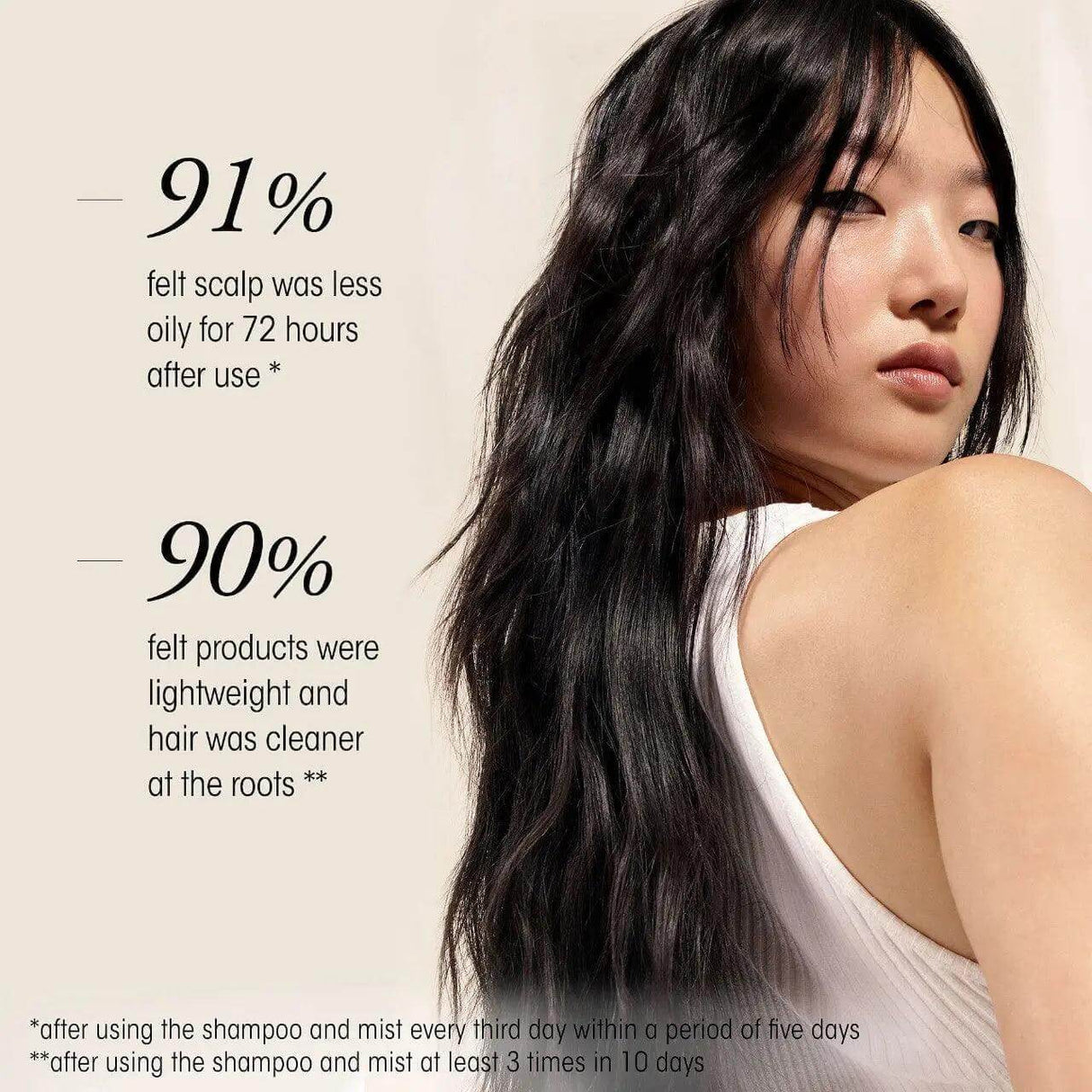 Woman with long black hair showcasing Oribe Serene Scalp Oil Control Treatment Mist benefits, including 91% oil reduction and lightweight feel.