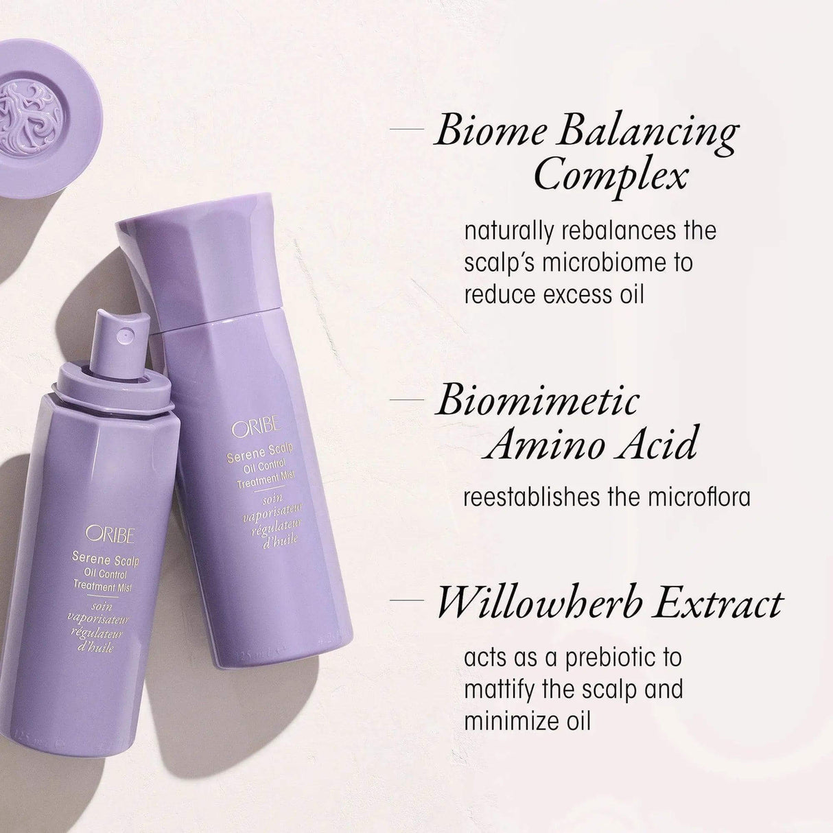 Oribe Serene Scalp Oil Control Mist with Biome Balancing Complex, Biomimetic Amino Acid, and Willowherb Extract.