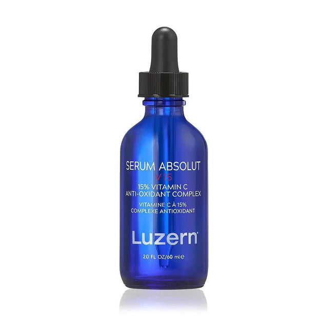Luzern Serum Absolut V15 bottle featuring antioxidant complex for pigmentation and fine lines.