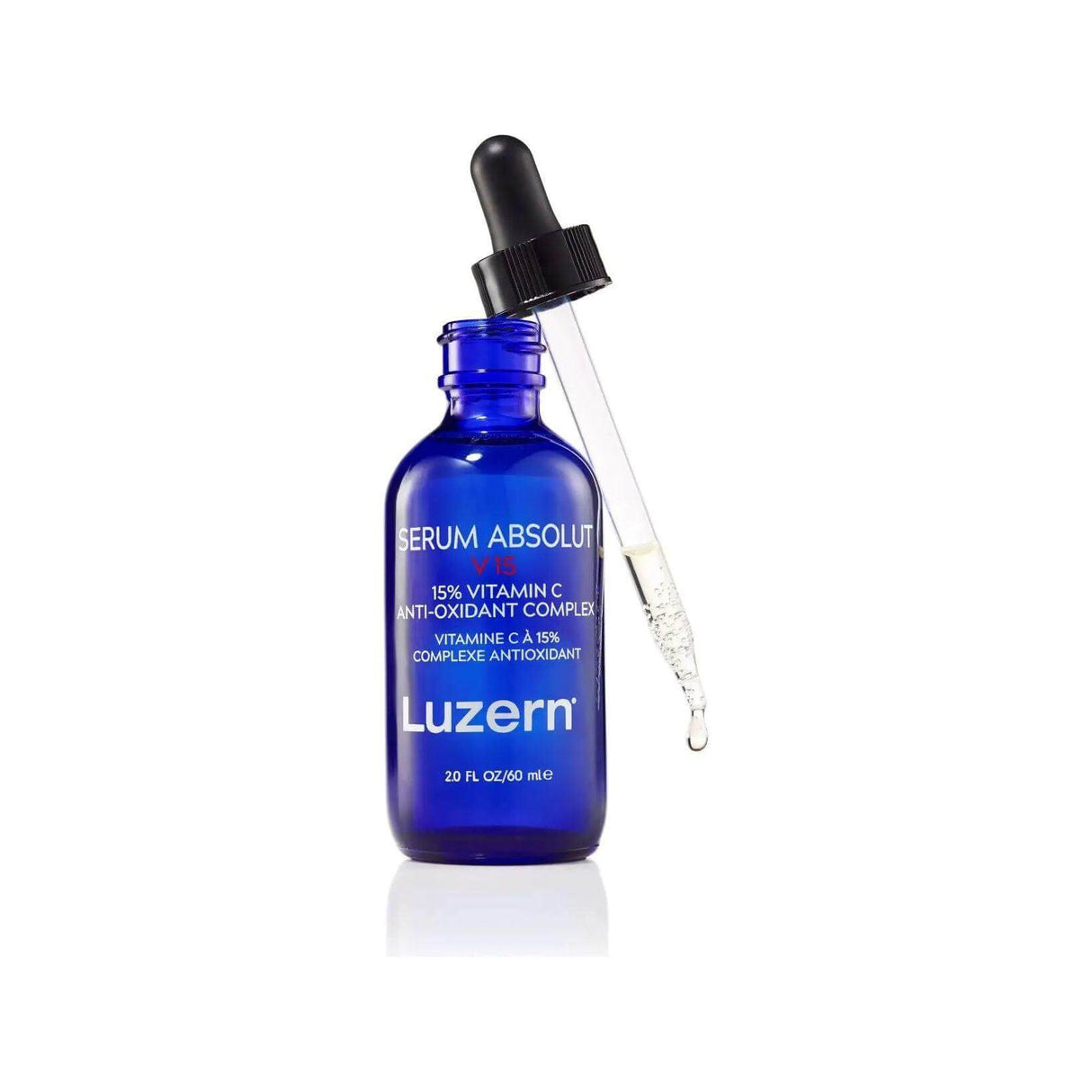 Serum Absolut V15 bottle with dropper, rich in Vitamin C and antioxidants for reducing fine lines and pigmentation, 2 fl oz.