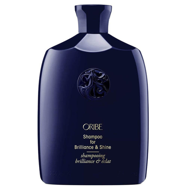 Supershine Shampoo bottle for Brilliance and Shine, designed for medium to thick hair, enhances luster and highlights hairstyle layers.