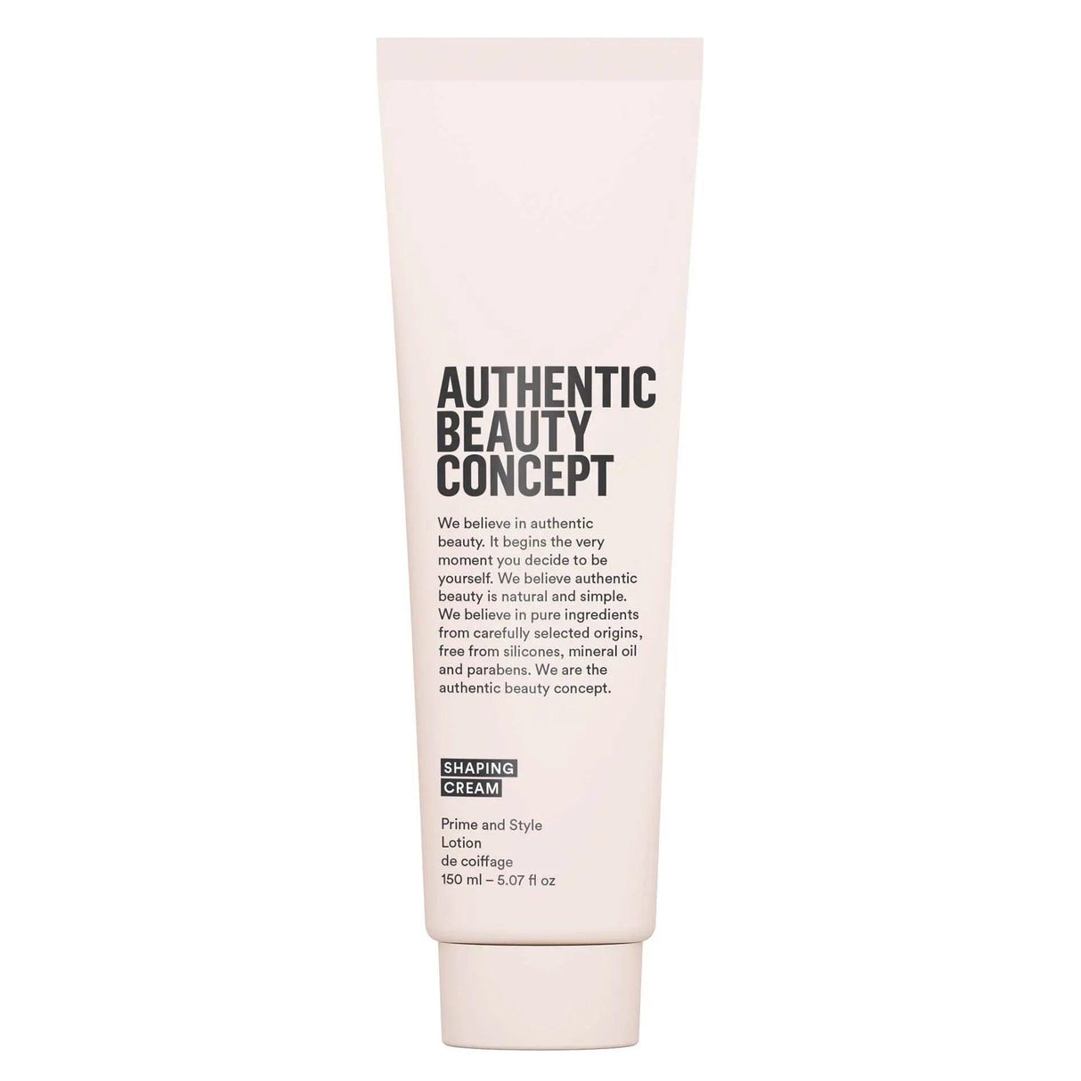 Authentic Beauty Concept Shaping Cream tube enhances natural textures, vegan, cruelty-free, gluten-free, no parabens or silicones.