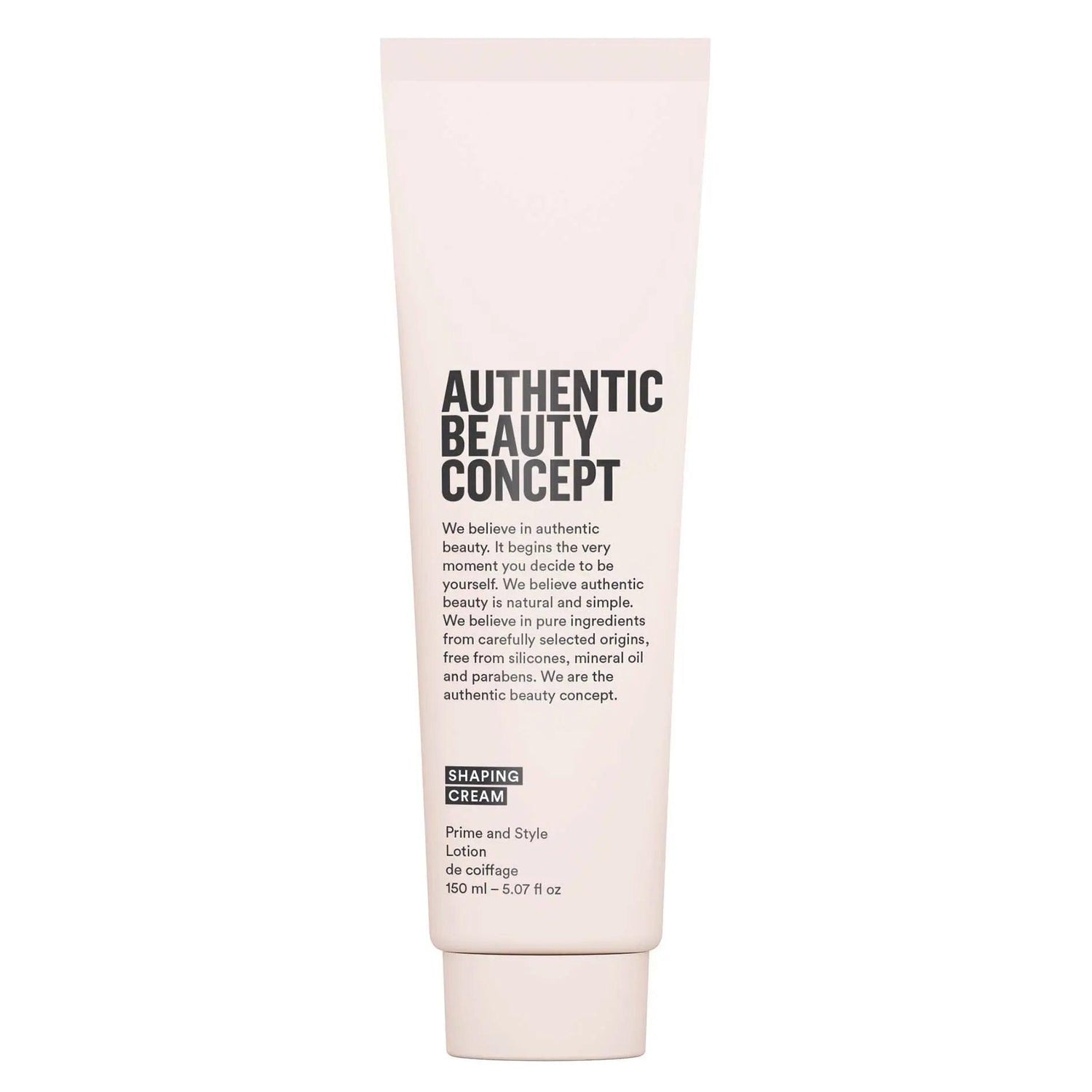 Authentic Beauty Concept Shaping Cream tube enhances natural textures, vegan, cruelty-free, gluten-free, no parabens or silicones.