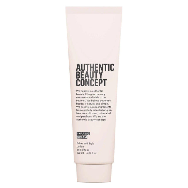 Authentic Beauty Concept Shaping Cream tube enhances natural textures, vegan, cruelty-free, gluten-free, no parabens or silicones.