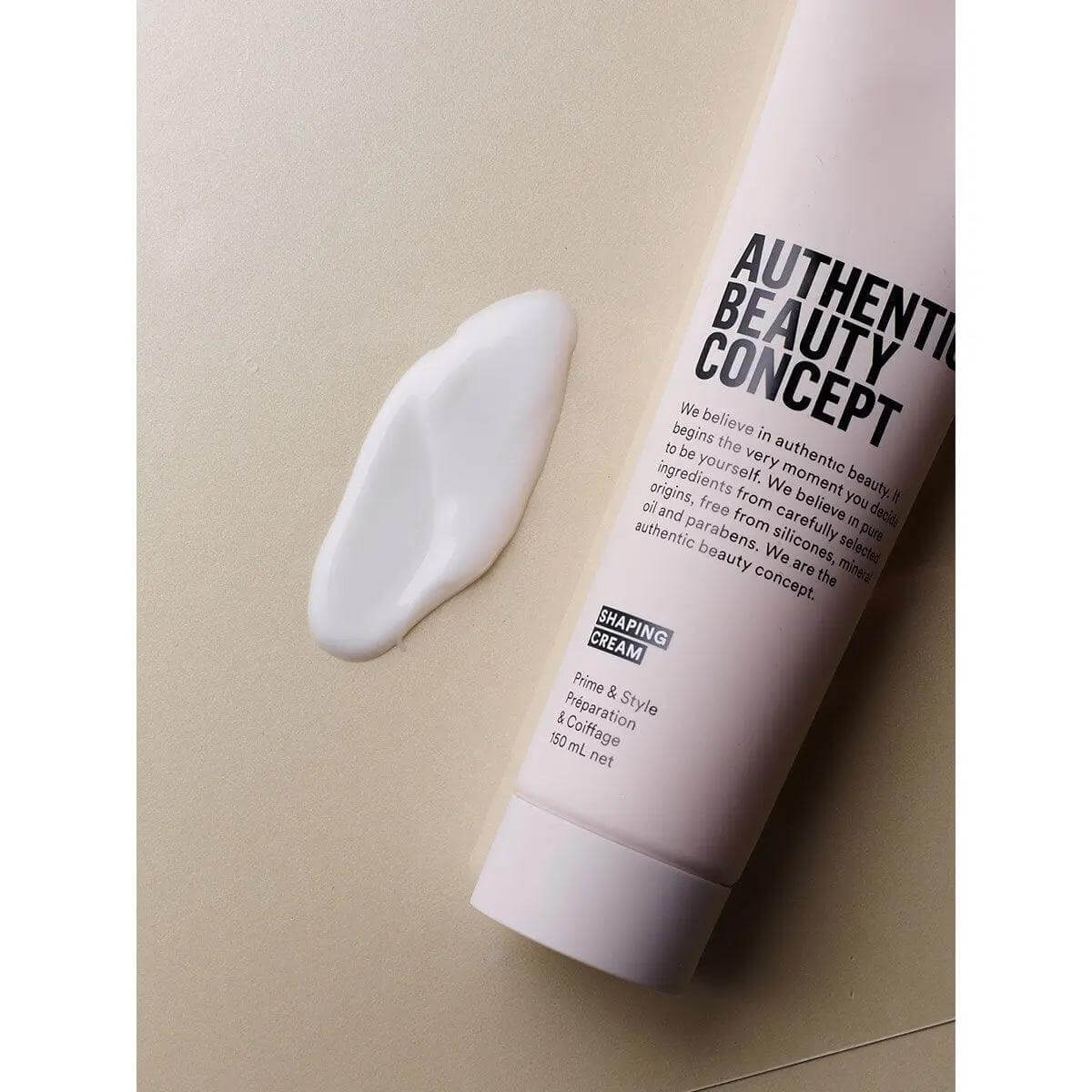 Authentic Beauty Concept Shaping Cream for natural texture, vegan, cruelty-free, gluten-free, medium hold, 50ml tube with cream swatch