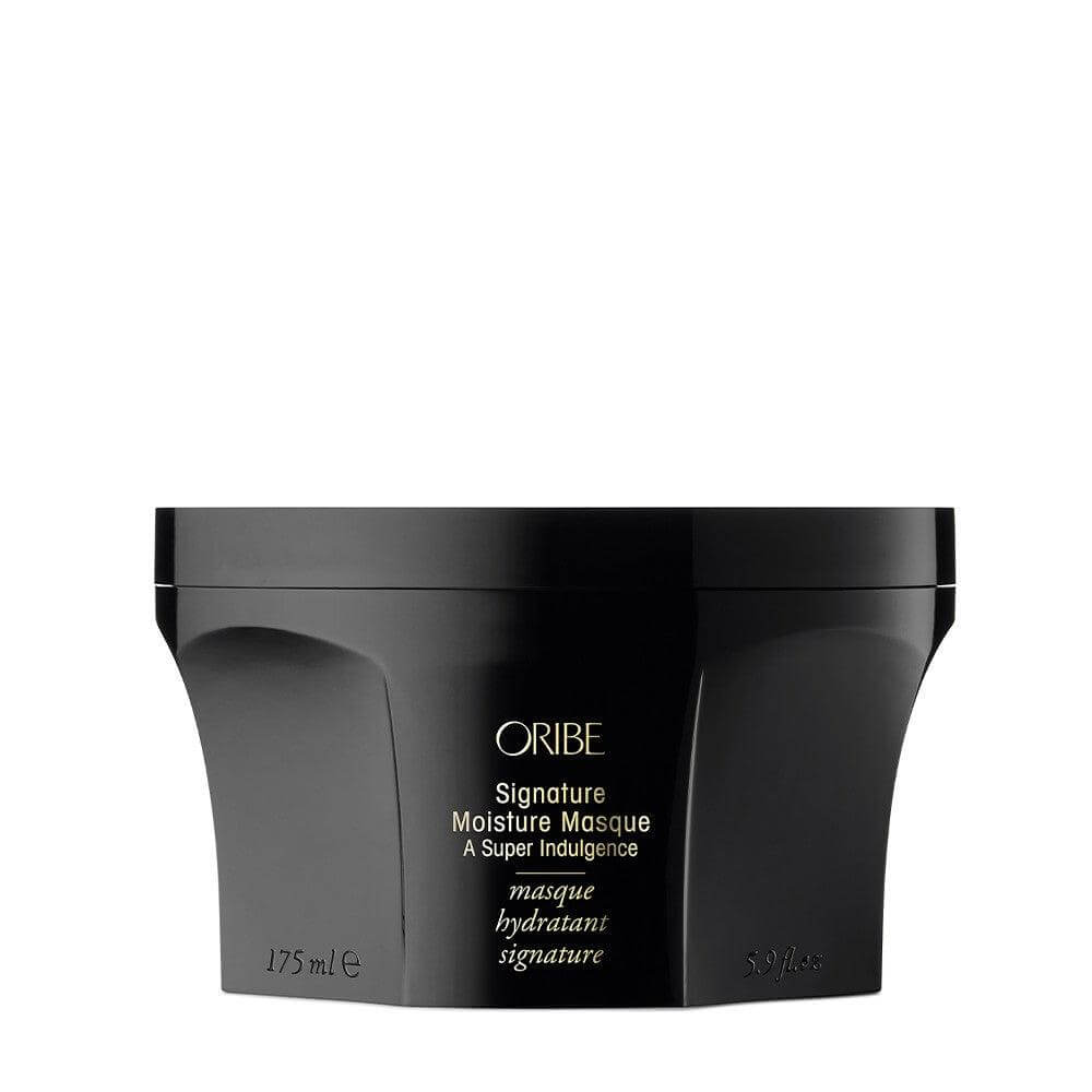 Oribe Signature Moisture Masque for men's hydration and restorative hair care in a black jar, 175ml size.